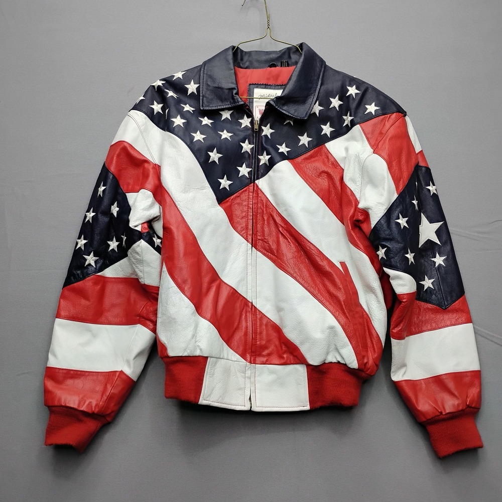 Michael Hoban Wheremi USA Flag Leather Bomber Jacket Red White Blue Stars Small